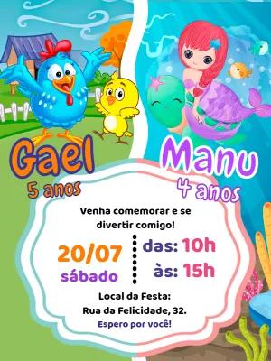 Convite Aniversário Duplo Galinha Pintadinha e Sereia para Editar