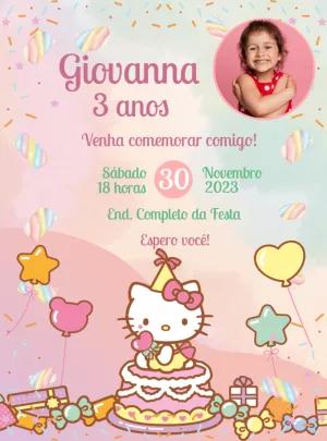 Convite Aniversário Hello Kitty Candy com Foto para Editar Online
