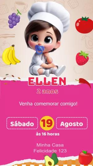 Convite Aniversário Mini Chef com Frutinhas para Editar