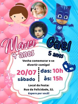 Convite Aniversário Duplo Bailarina e PJ Masks para Editar