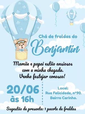 Convite Chá de Fraldas Ursinho Baloeiro para Editar Online