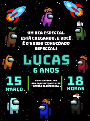 Convite de Aniversário Among Us com Personagens para Editar Online