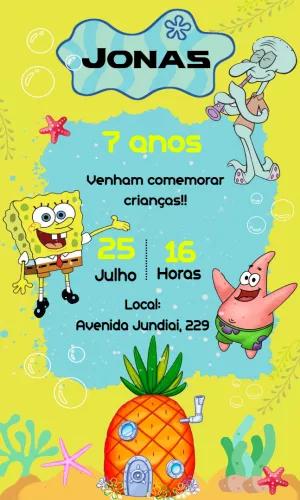 Convite Aniversário Bob Esponja com Personagens para Editar