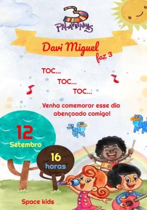 Convite de Aniversário 3 Palavrinhas com Turma para Editar