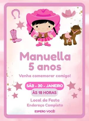 Convite Aniversário Boiadeira Cowgirl Rosa para Editar Online