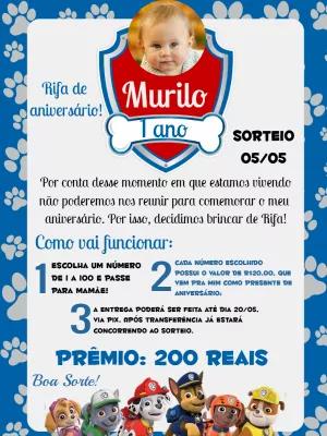 Rifa de Aniversário Patrulha Canina com Foto para Editar