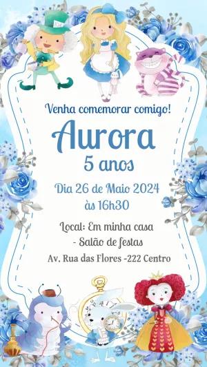 Convite Aniversário Alice no País das Maravilhas Azul para Editar