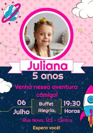 Convite Aniversário Astronauta Rosa com Foto para Editar Online