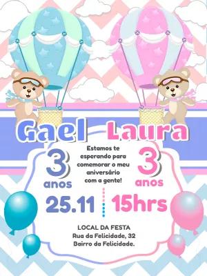 Convite Aniversário Duplo Ursinhos Baloeiros para Editar Online