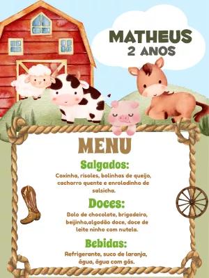 Menu Aniversário Fazendinha com Animais para Editar Online