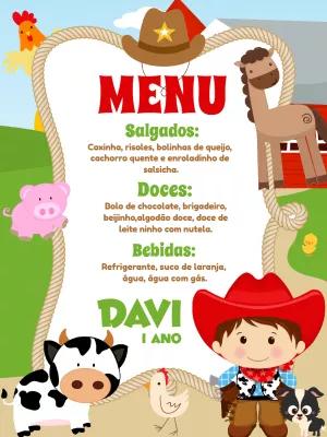 Menu Aniversário Fazendinha Editável para Imprimir