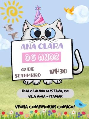 Convite de Aniversário Gatinho Fofo para Editar Online