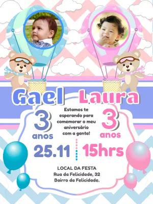 Convite Duplo Ursinho Baloeiro com Foto Editável Online