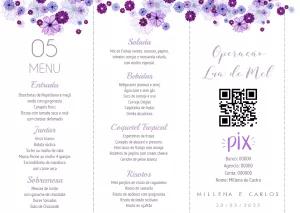 Menu de Casamento Lilás com Flores para Editar Online