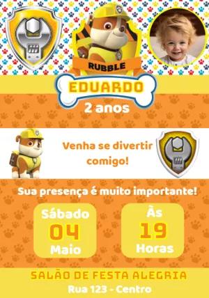 Convite de Aniversário Rubble Patrulha Canina com Foto Editável