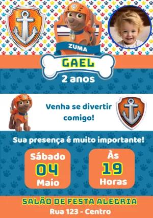 Convite de Aniversário Zuma Patrulha Canina com Foto para Editar