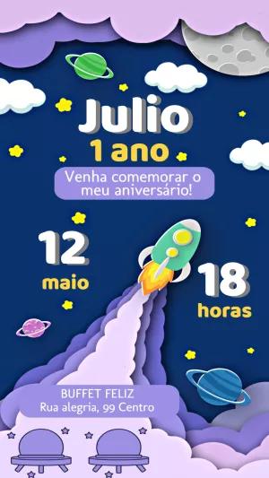 Convite de Aniversário Foguete no Espaço para Editar Online