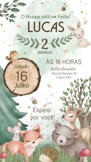 Convite Aniversário Bosque Encantado com Animais para Editar Online