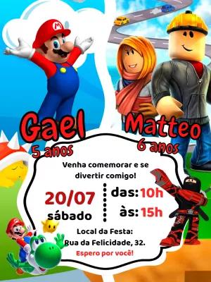 Convite Aniversário Duplo Mario e Roblox para Editar Online