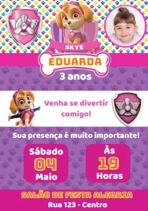 Convite Aniversário Skye Patrulha Canina com Foto para Editar