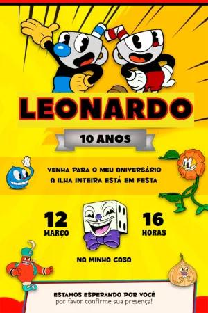 Convite Aniversário Cuphead com Personagens para Editar Online