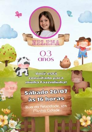 Convite Aniversário Fazendinha com Foto para Editar Online