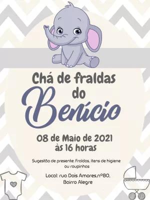Convite Chá de Fraldas Elefantinho Cinza para Editar Online