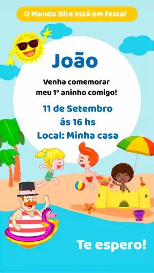 Convite de Aniversário Mundo Bita Praia para Editar Online