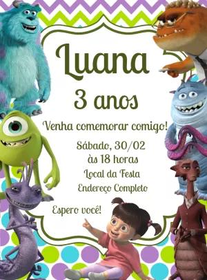 Convite Aniversário Monstros S.A. com Personagens para Editar