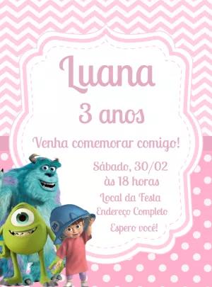 Convite Aniversário Monstros S.A. Rosa para Editar Online