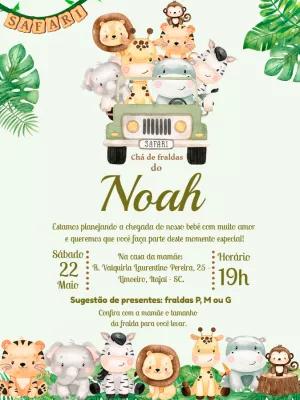 Convite Chá de Fraldas Safari com Animais para Editar Online