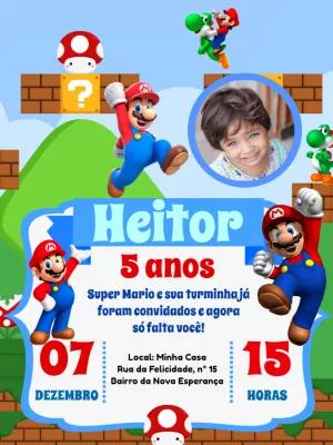 Convite Aniversário Super Mario com Foto para Editar Online