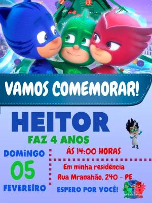 Convite de Aniversário PJ Masks com Heróis para Editar Online