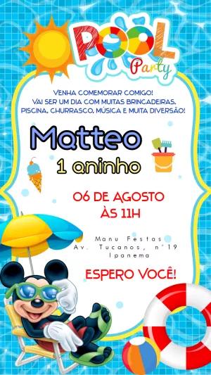 Convite Aniversário Pool Party do Mickey para Editar Online