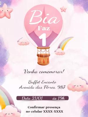 Convite Aniversário Menina Balão Aquarela para Editar