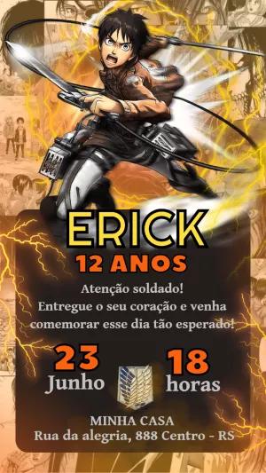 Convite de Aniversário Shingeki no Kyojin com Eren para Editar