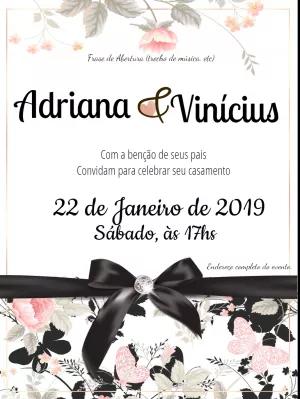 Convite de Casamento Floral com Laço Preto para Editar Online