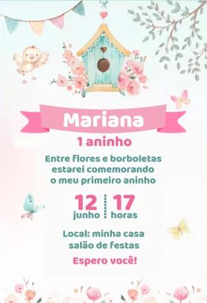 Convite de Aniversário Jardim Encantado com Passarinho para Editar