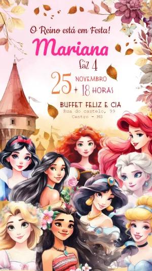 Convite Aniversário Princesas da Disney para Editar Online