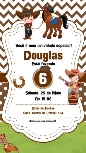 Convite de Aniversário Cowboy com Personagens para Editar
