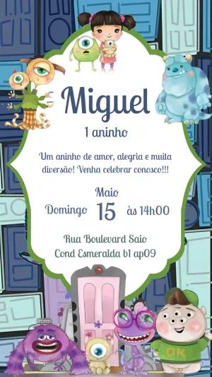 Convite Aniversário Monstros SA com Personagens para Editar Online