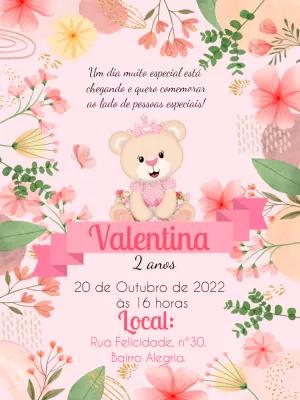 Convite Aniversário Ursinha Princesa Floral para Editar Online