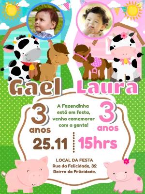 Convite Aniversário Duplo Fazendinha com Foto para Editar