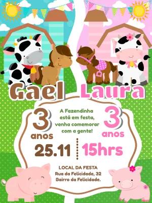 Convite Aniversário Duplo Fazendinha Azul e Rosa para Editar