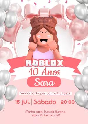 Convite de Aniversário Roblox Menina com Laço Rosa para Editar
