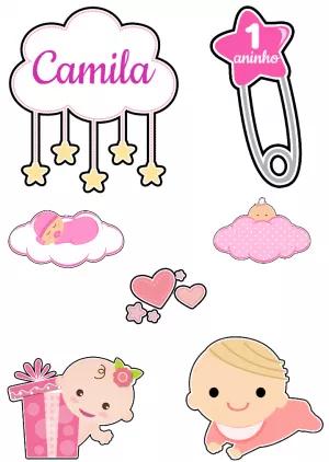 Topo de Bolo Bebê Menina Rosa para Editar e Imprimir