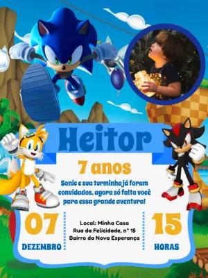 Convite de Aniversário Sonic com Foto para Editar Online