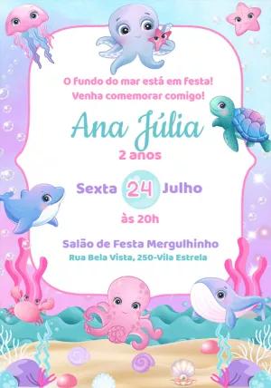 Convite Aniversário Fundo do Mar Menina para Editar Online