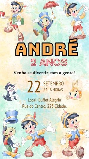 Convite de Aniversário Pinóquio com Personagens para Editar