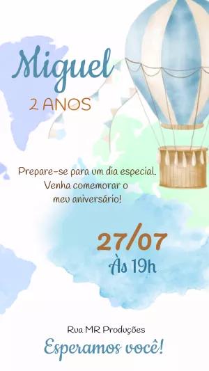 Convite Aniversário Balão Aquarela para Editar Online